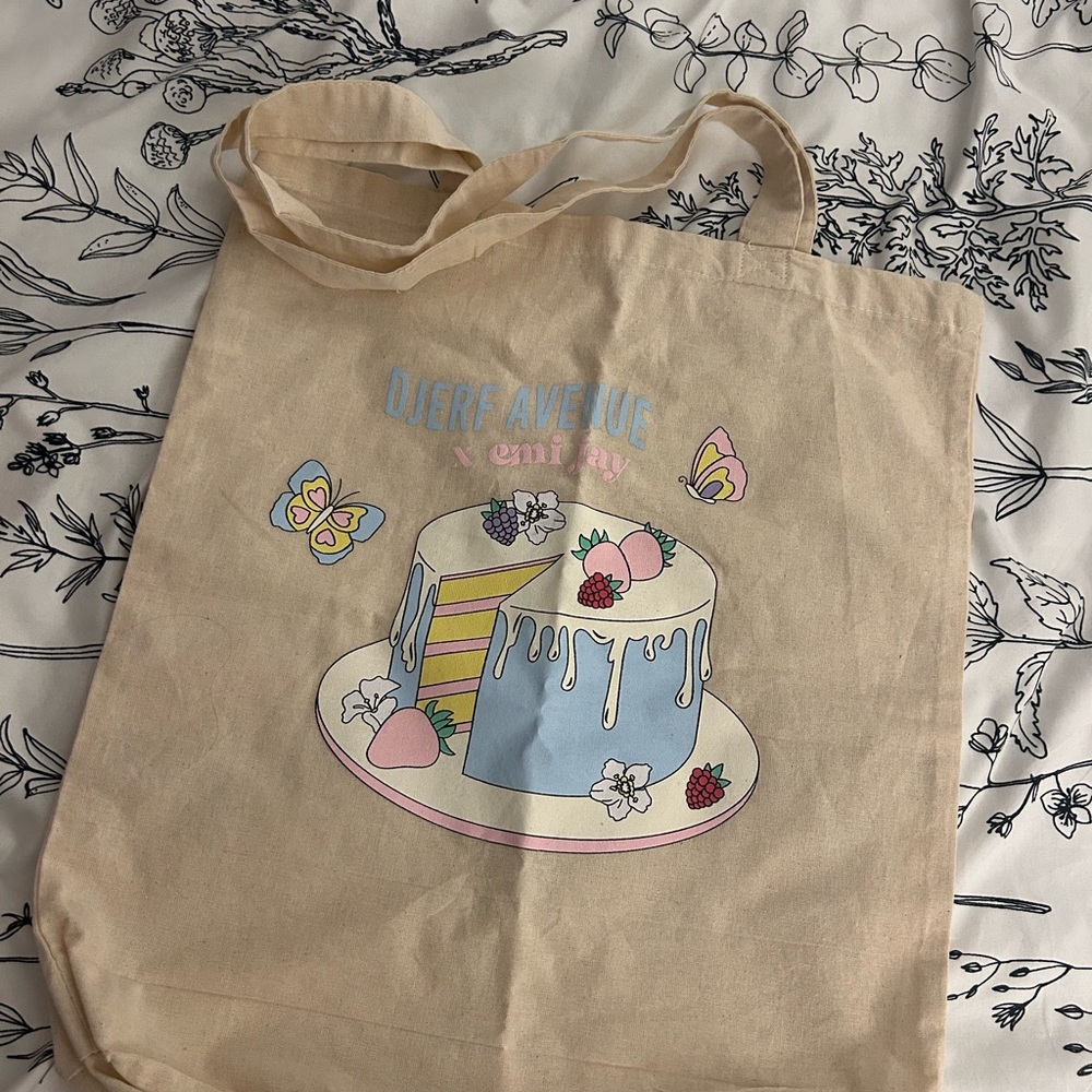 Djerf Avenue Cream Tote Bag with Cake Design